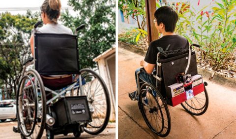 Duas fotos, lado a lado, ambas de costas: à esquerda, uma mulher em uma cadeira de rodas e, à direita, um rapaz em outra cadeira de rodas